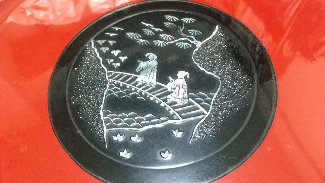 赤色漆器皿 スタンド付き 高岡漆器 青貝