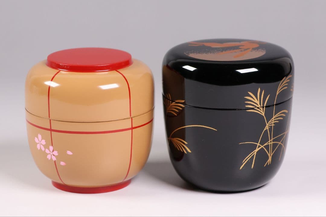 茶道具 棗 2点 ぼんぼり 月と兎 木製 黒塗 白塗 / 土居義峰【CM348】