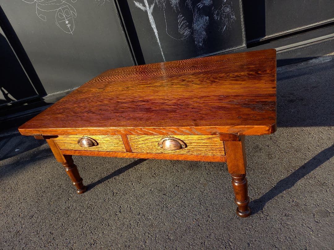 ジャパニーズ　ヴィンテージ　一枚板　天板　両側　引き出し　ローテーブル