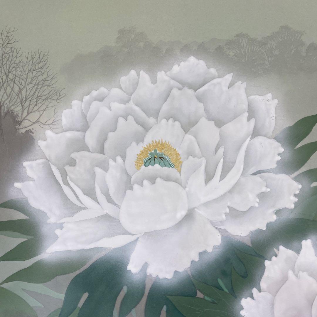 美品 掛け軸 小野守鳳作 牡丹図 共箱 太巻き付 四季花 年中掛け