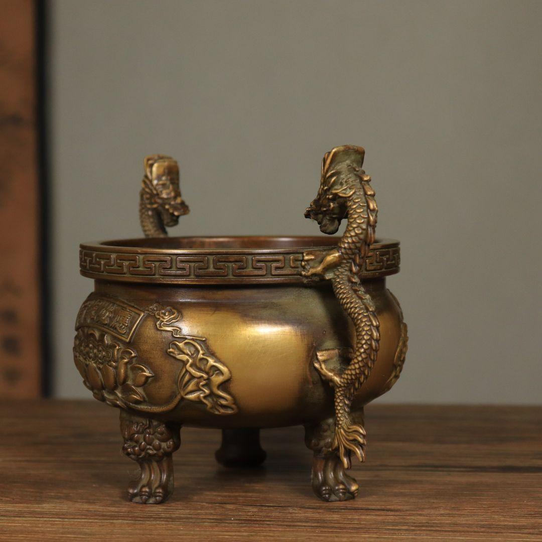 銅器 香炉 双龍耳蓮華香炉 三足鼎 仏堂挿香香炉 双龍炉 装飾品 工芸品 置物
