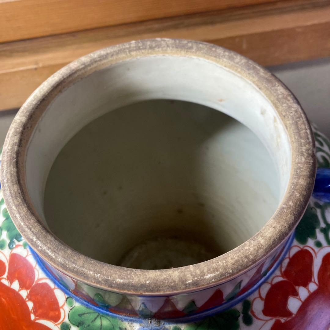 中国古玩　色絵華図四耳壺