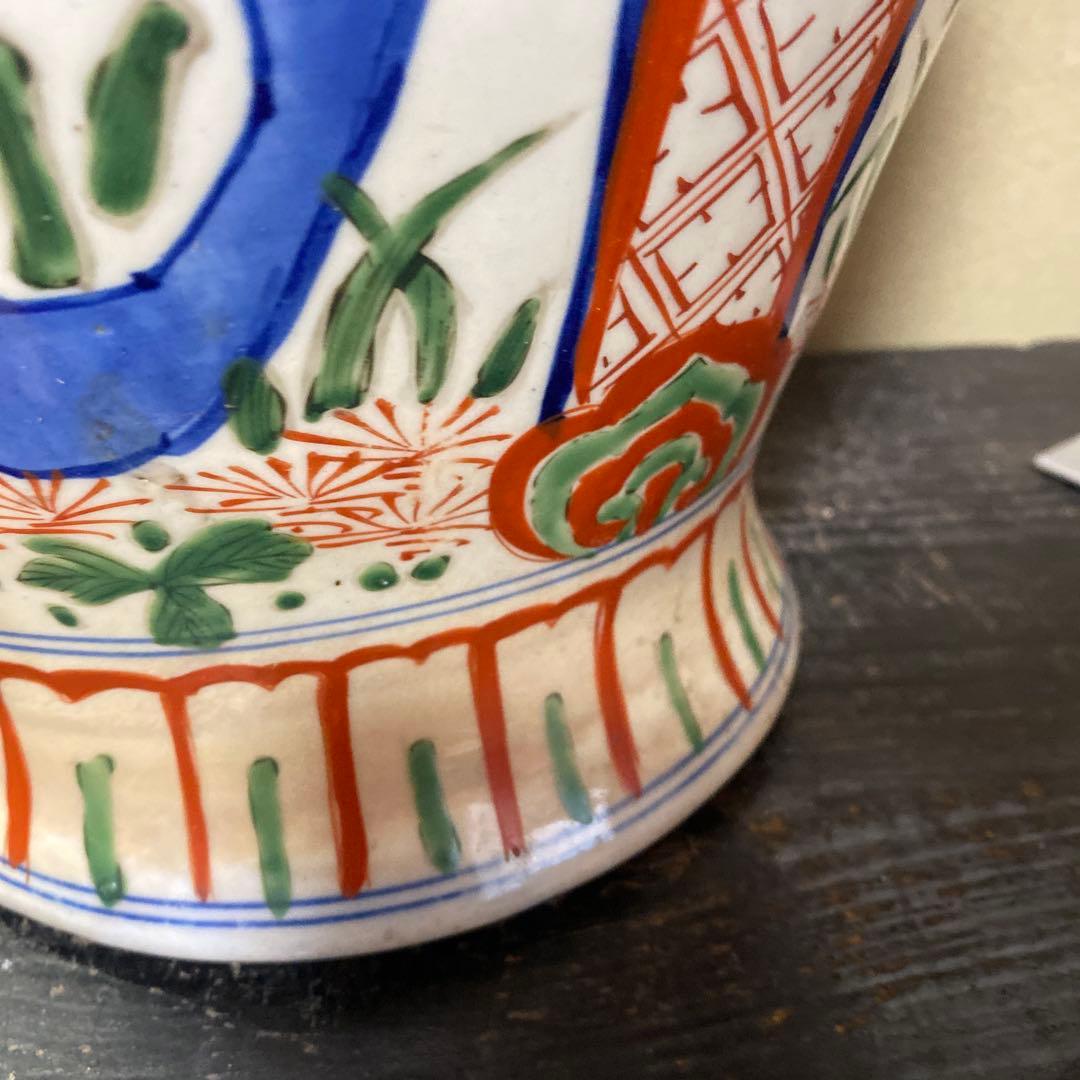 中国古玩　色絵華図四耳壺