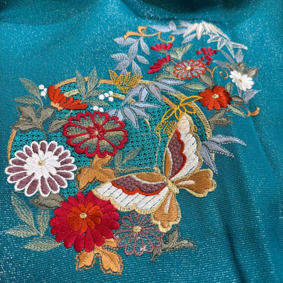 【豪華】振袖　青緑　刺繍　スワトウ　成人式　正絹　身丈154 裄丈65 f7