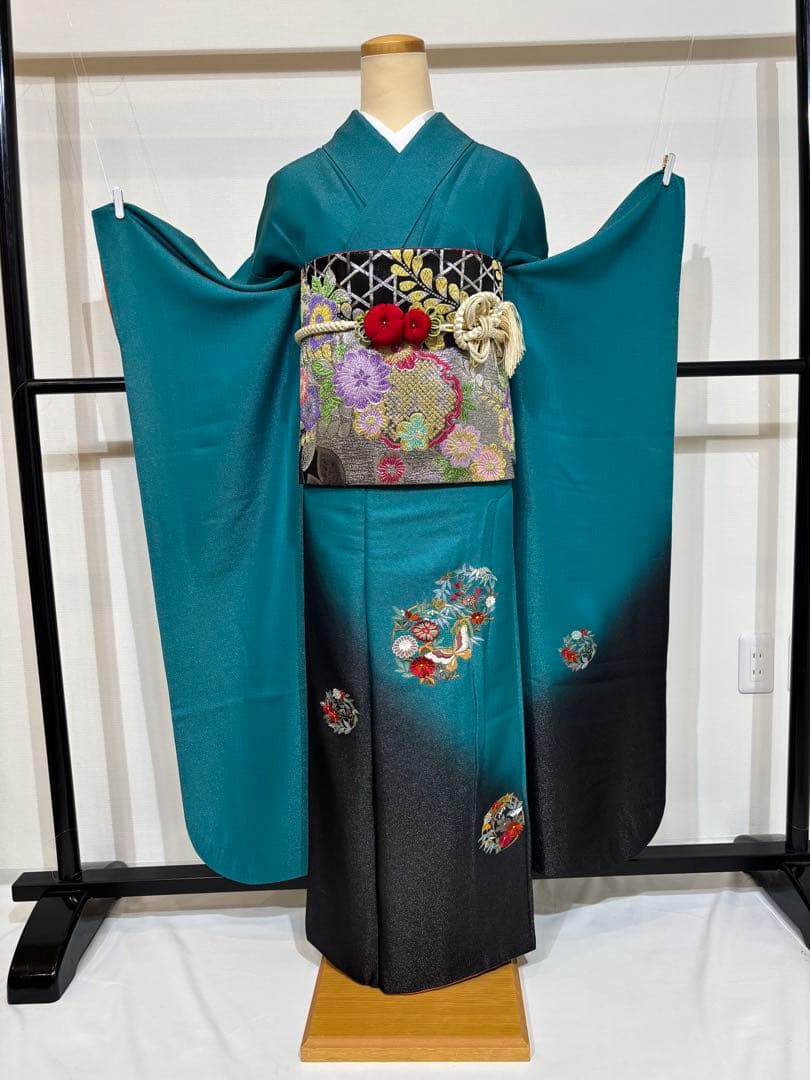 【豪華】振袖　青緑　刺繍　スワトウ　成人式　正絹　身丈154 裄丈65 f7