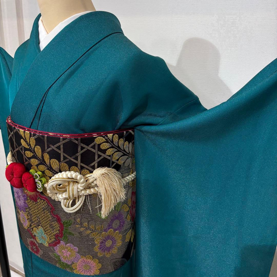 【豪華】振袖　青緑　刺繍　スワトウ　成人式　正絹　身丈154 裄丈65 f7