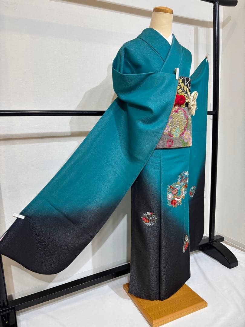 【豪華】振袖　青緑　刺繍　スワトウ　成人式　正絹　身丈154 裄丈65 f7