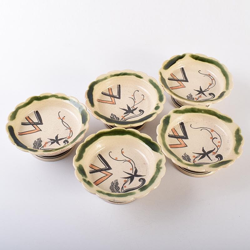 和食器　向井一峰作　織部向付　台皿　五客　共布共箱　M　R7606