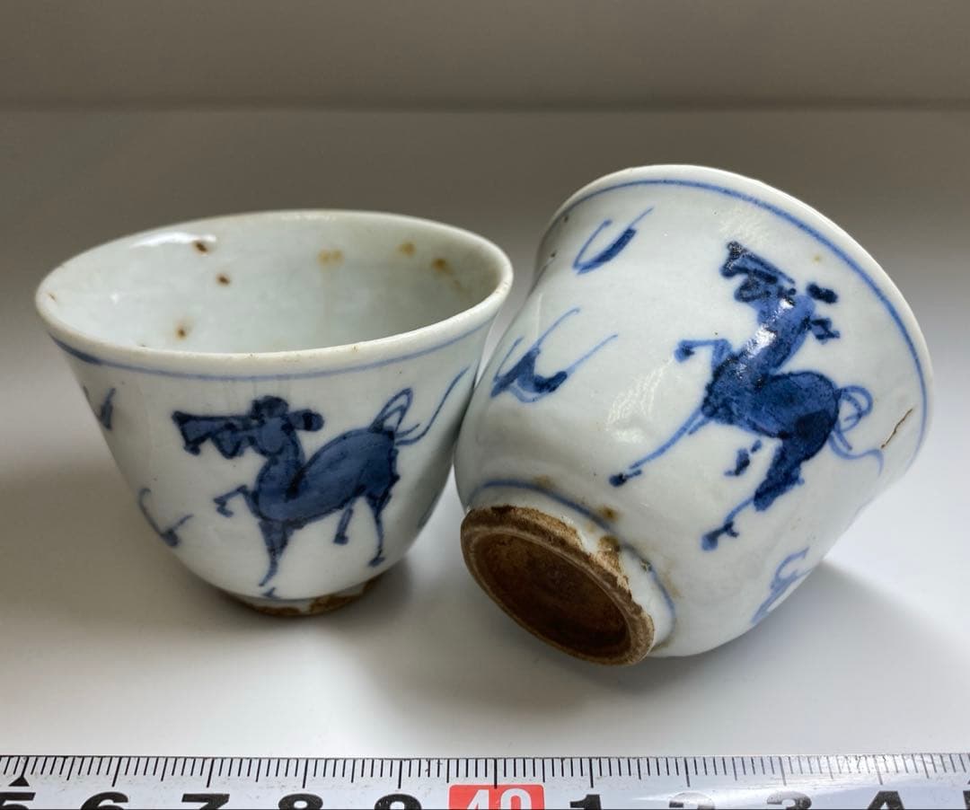 中国清時代　唐物青花キリン図煎茶碗2客　口径約6㎝　東Y7-0331☆2Fタトチ
