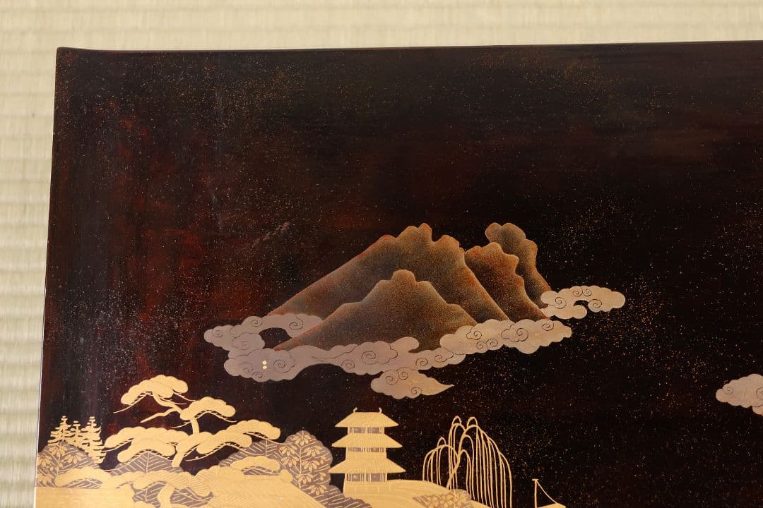 時代 楼閣山水蒔絵 総梨地 冠卓 二段卓 木製 覆輪 金蒔絵 花台【MA662】