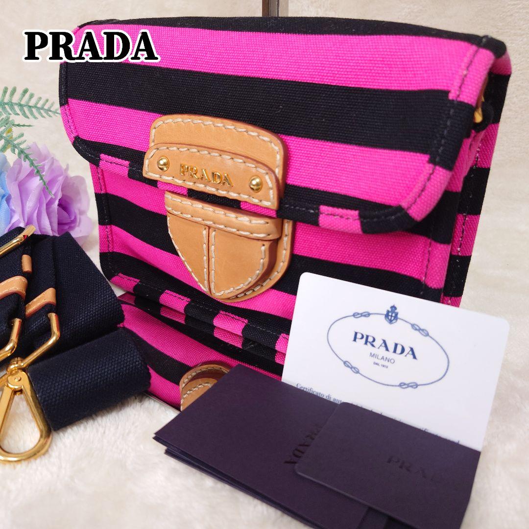 【美品・希少】プラダ カナパ リゲ ショルダーバック ボーダー 三角 2way