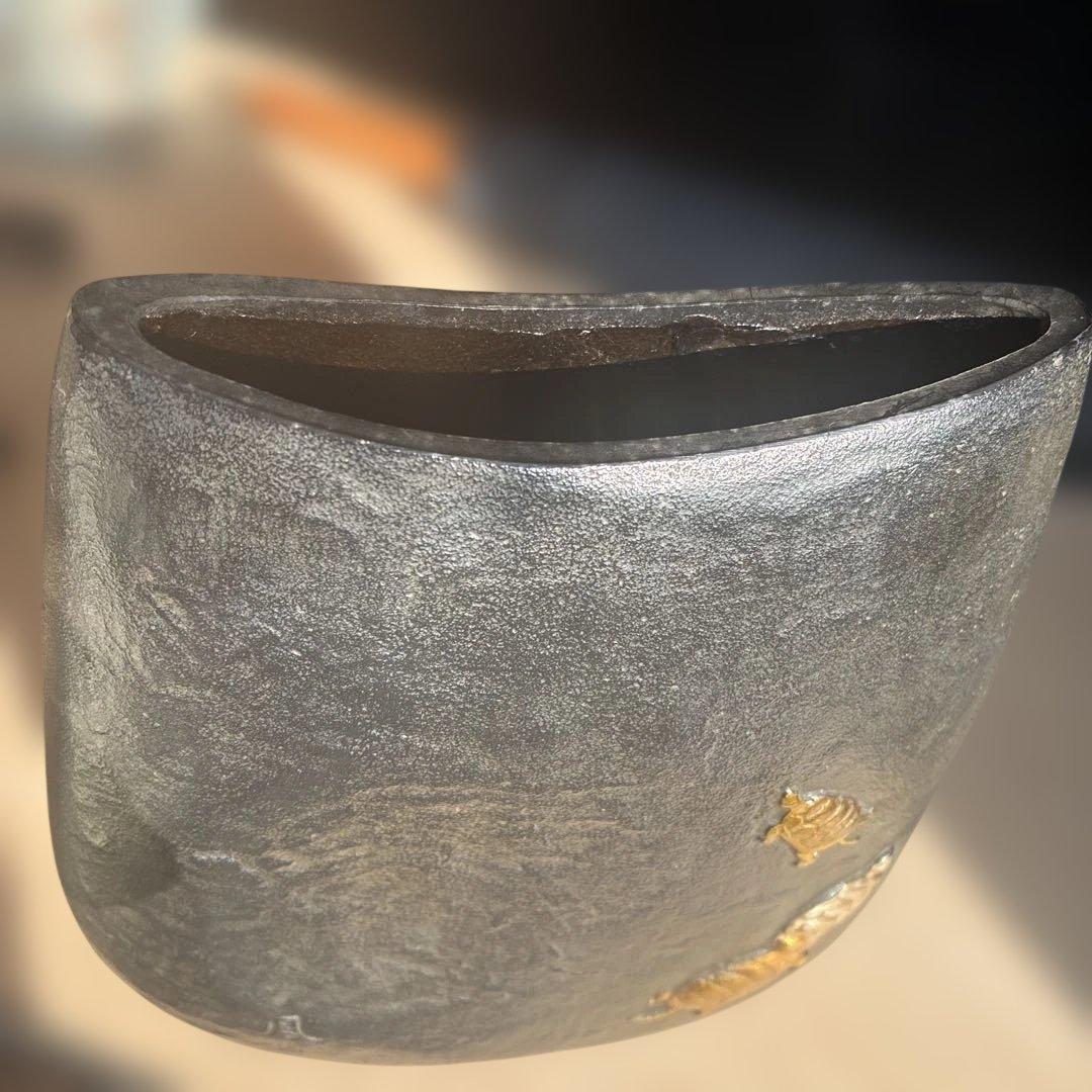 金色の鶴と亀の象嵌　花器 置物　高岡銅器