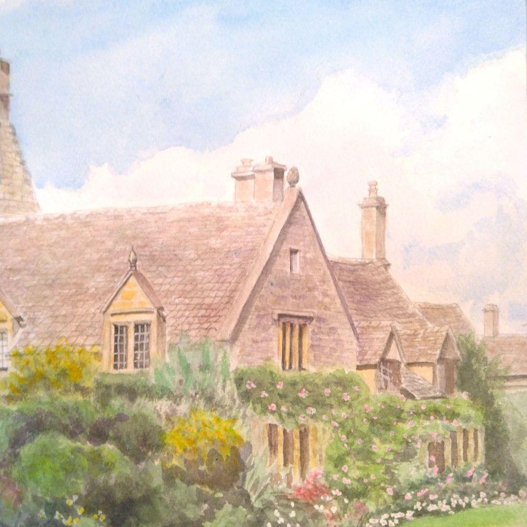 「古風な街灯の立つ街並み」水彩画・風景画・イギリス・コッツウォルズ