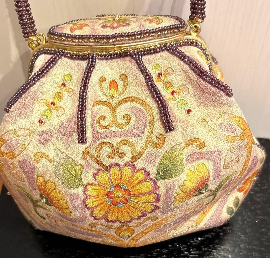 極美品 京都 岡重 OKAJIMA オカジマ ビーズバッグ シルク 和装バッグ