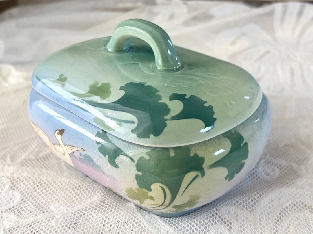 フランスアンティーク 蓋付きケース リュネヴィル窯 スワン 白鳥 小物入れ