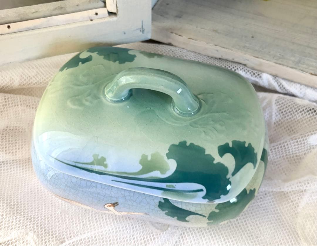 フランスアンティーク 蓋付きケース リュネヴィル窯 スワン 白鳥 小物入れ