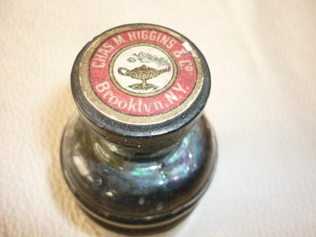 美品1950年代米国製◆HIGGINS（ヒギンズ）ラベル・コルクふた付きインク瓶