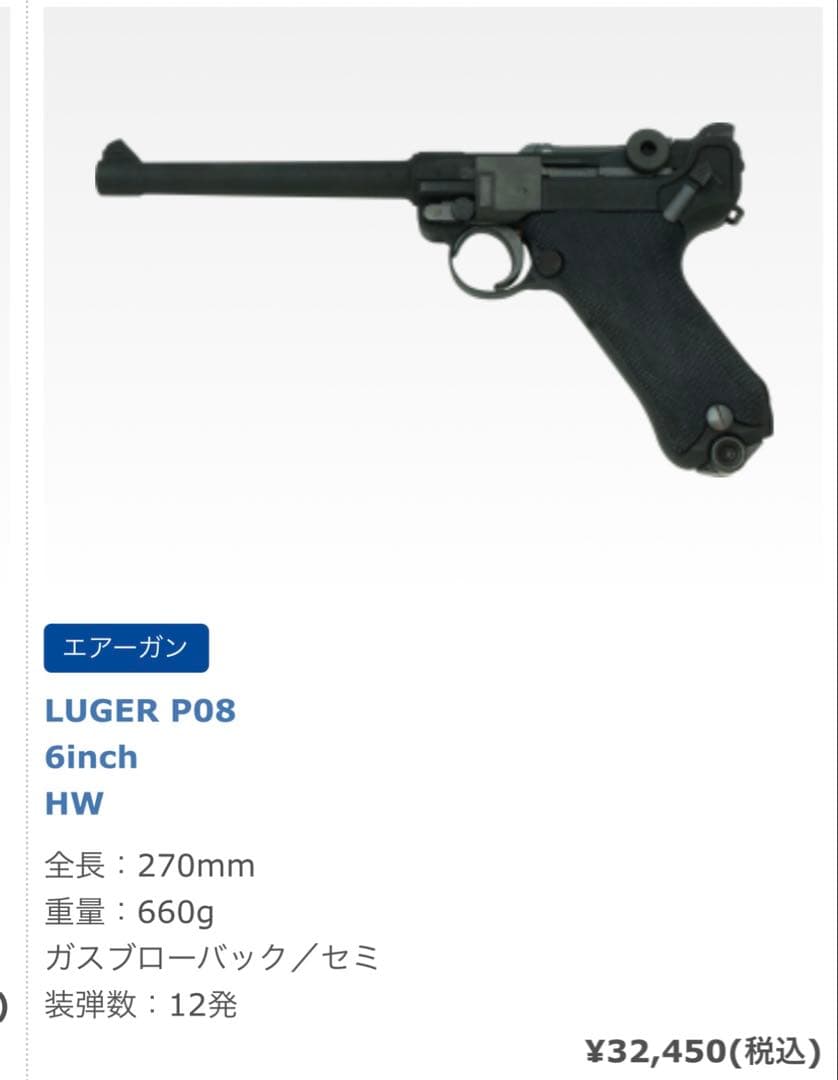 【新品 ガス未注入】LUGER P08 ガスピストル HW 6inch