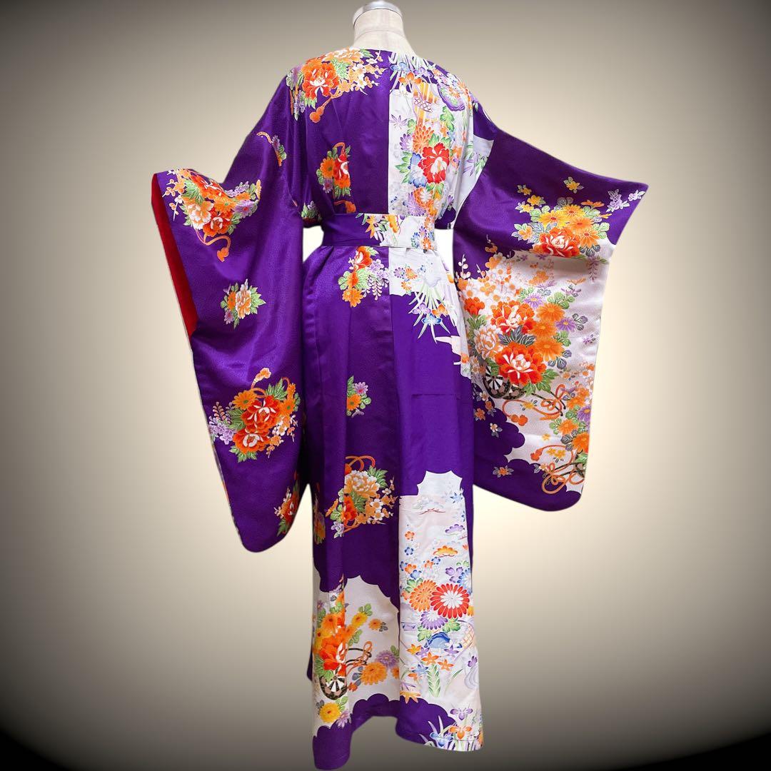 花柄パープル 振袖 着物ガウン 着物リメイク フォーマル 紫 N71118