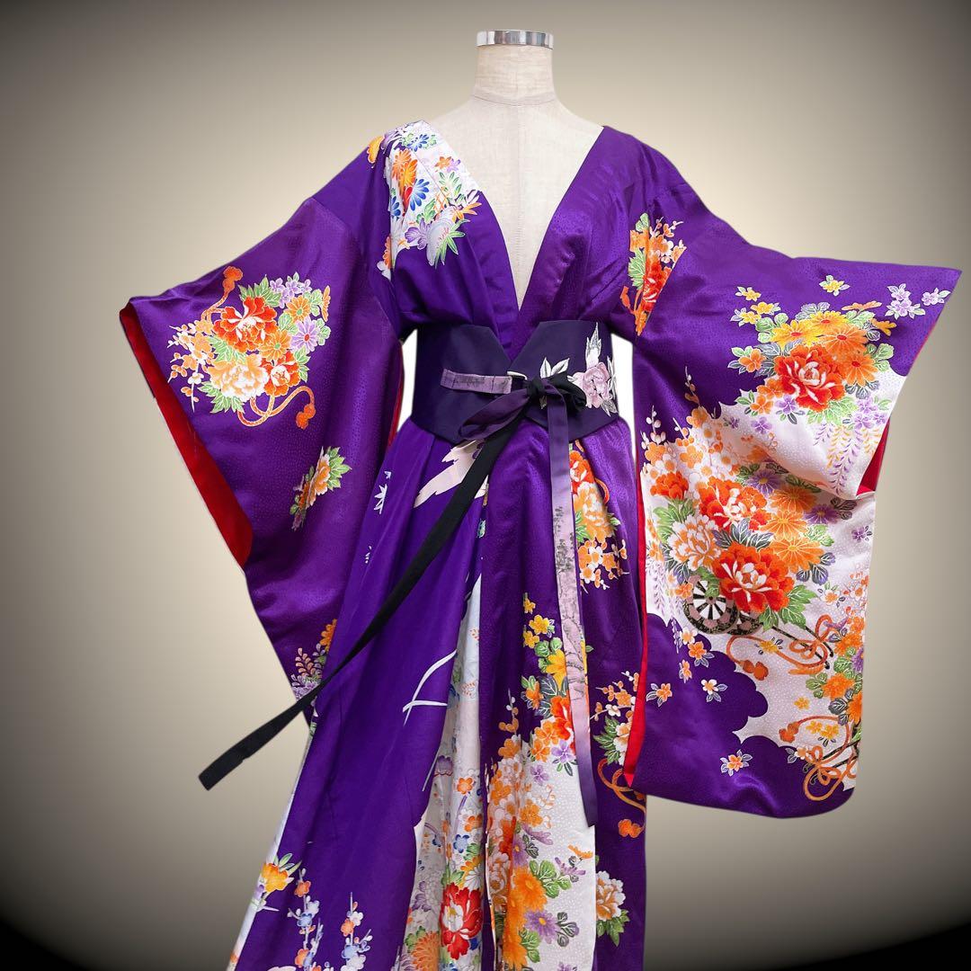 花柄パープル 振袖 着物ガウン 着物リメイク フォーマル 紫 N71118