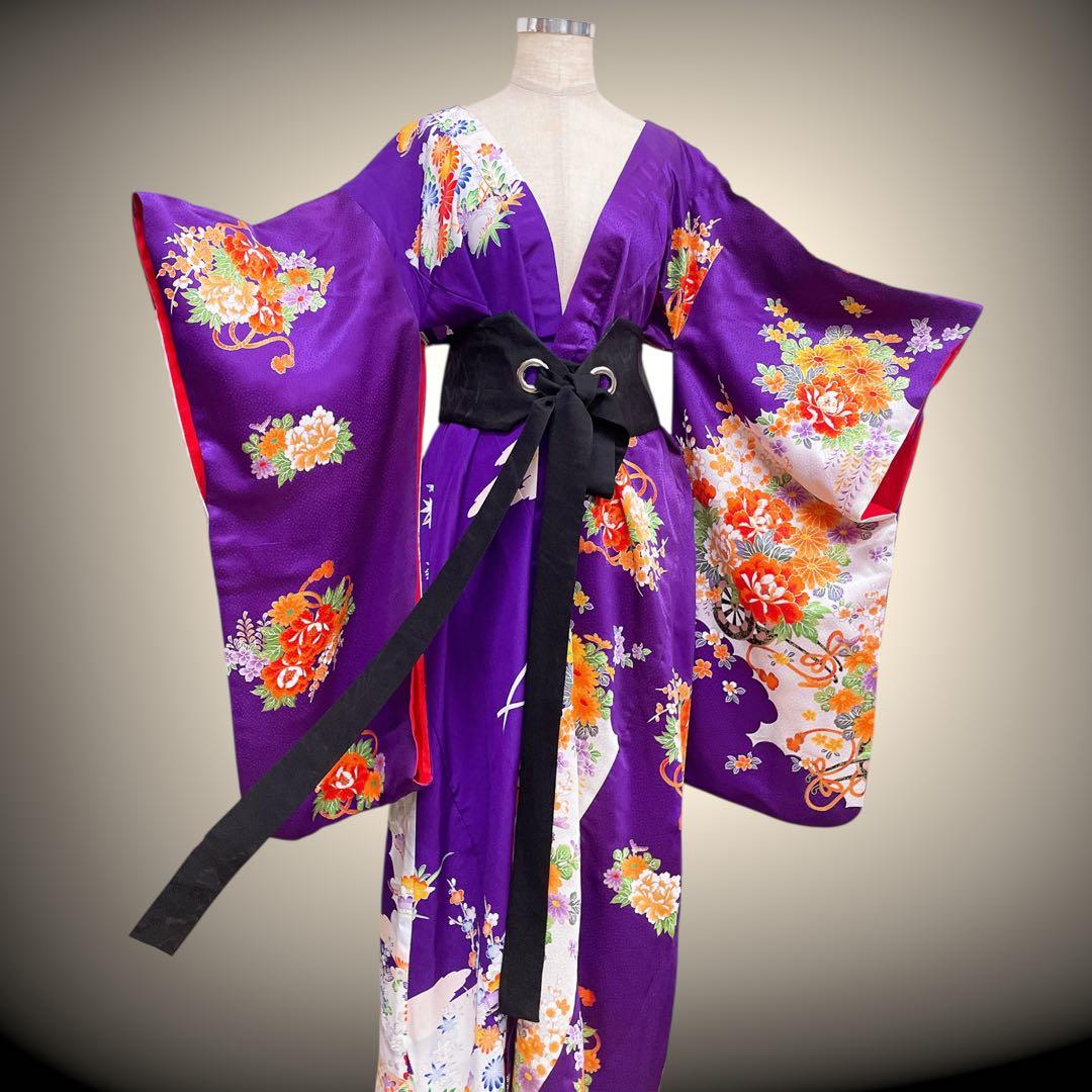 花柄パープル 振袖 着物ガウン 着物リメイク フォーマル 紫 N71118
