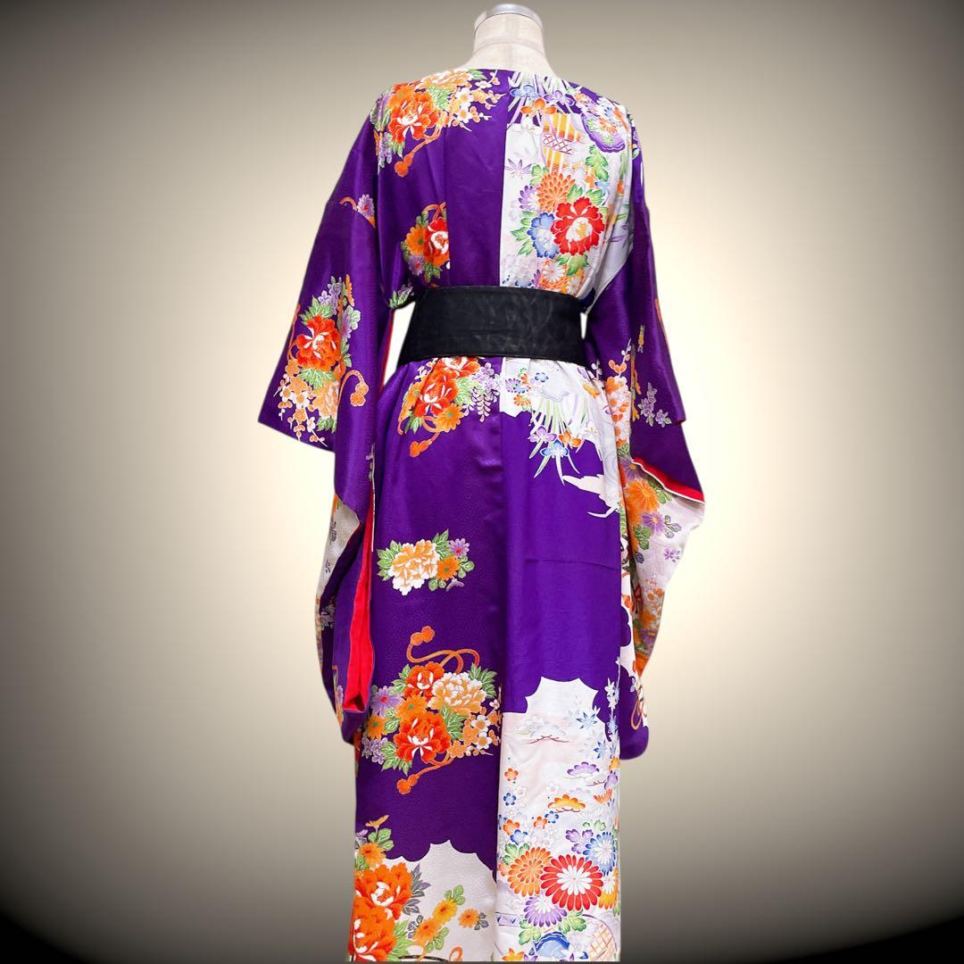 花柄パープル 振袖 着物ガウン 着物リメイク フォーマル 紫 N71118