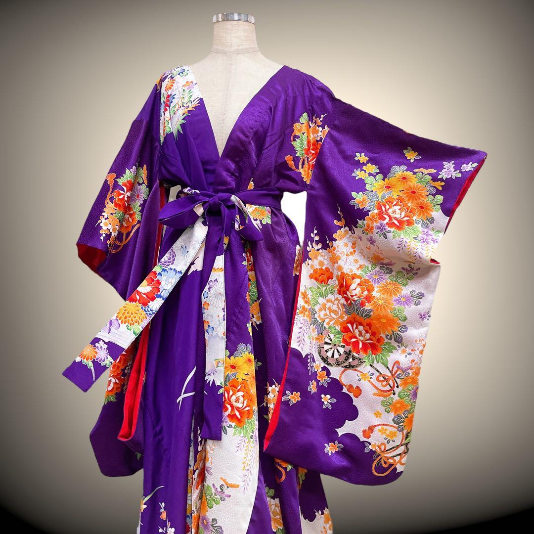 花柄パープル 振袖 着物ガウン 着物リメイク フォーマル 紫 N71118