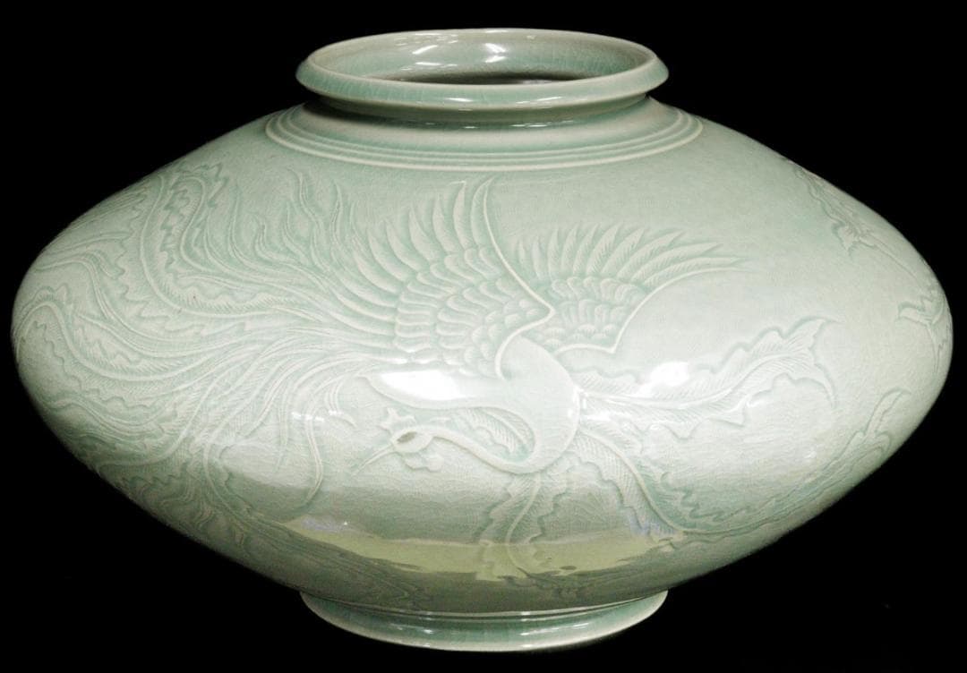 初代柳海剛 高麗青磁 透彫鳳凰図平壺