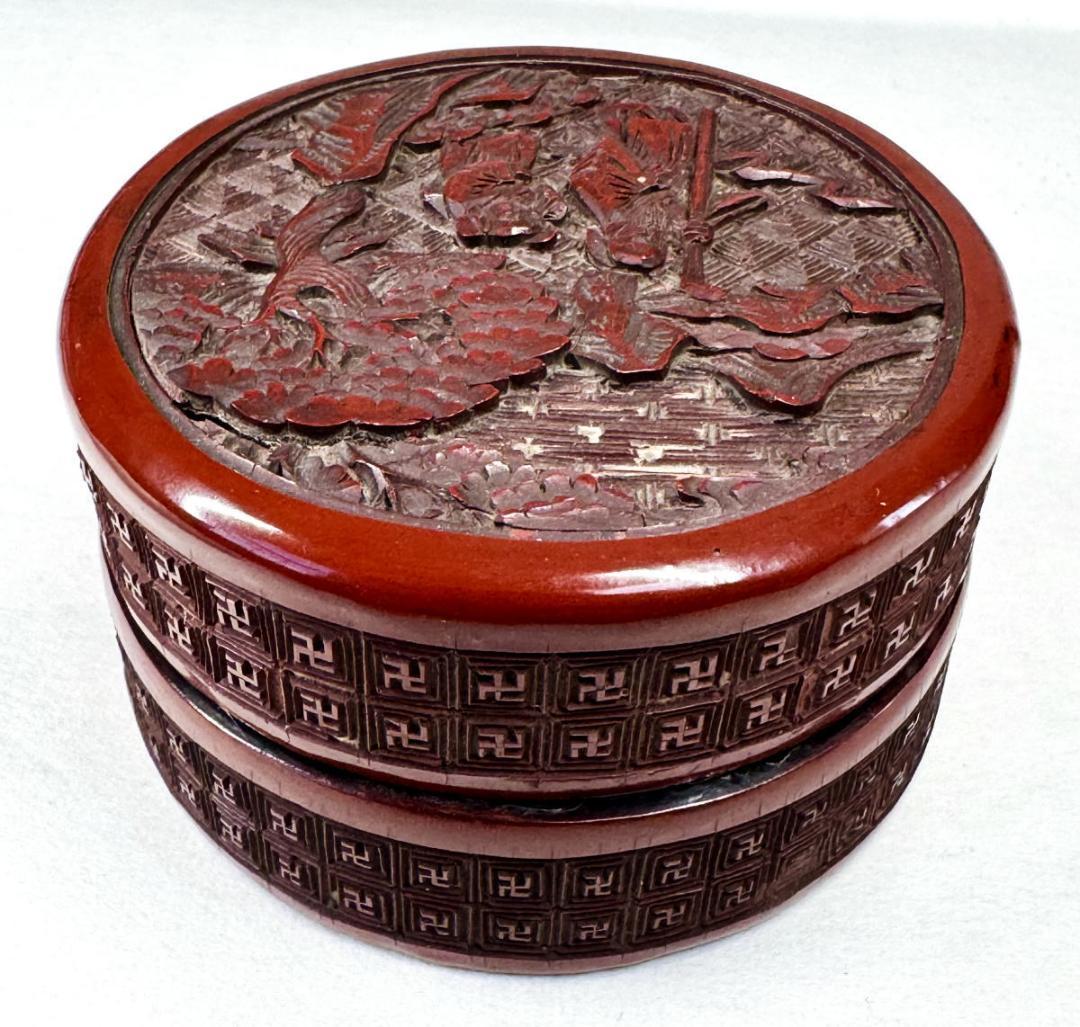 明時代 堆朱 木製剔紅彫松下高士紋蓋盒 共箱古代漆器 時代物 唐物WWWT086