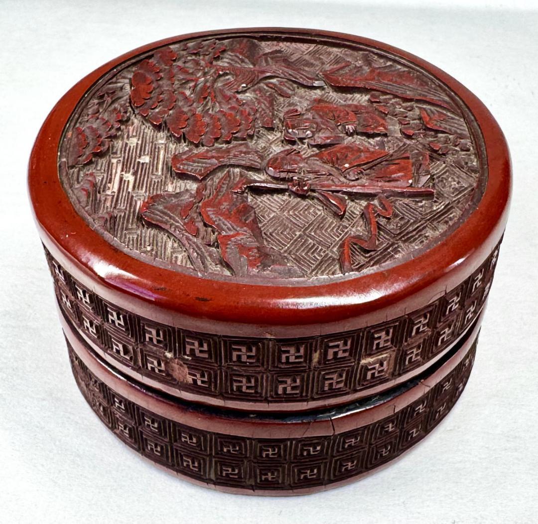 明時代 堆朱 木製剔紅彫松下高士紋蓋盒 共箱古代漆器 時代物 唐物WWWT086