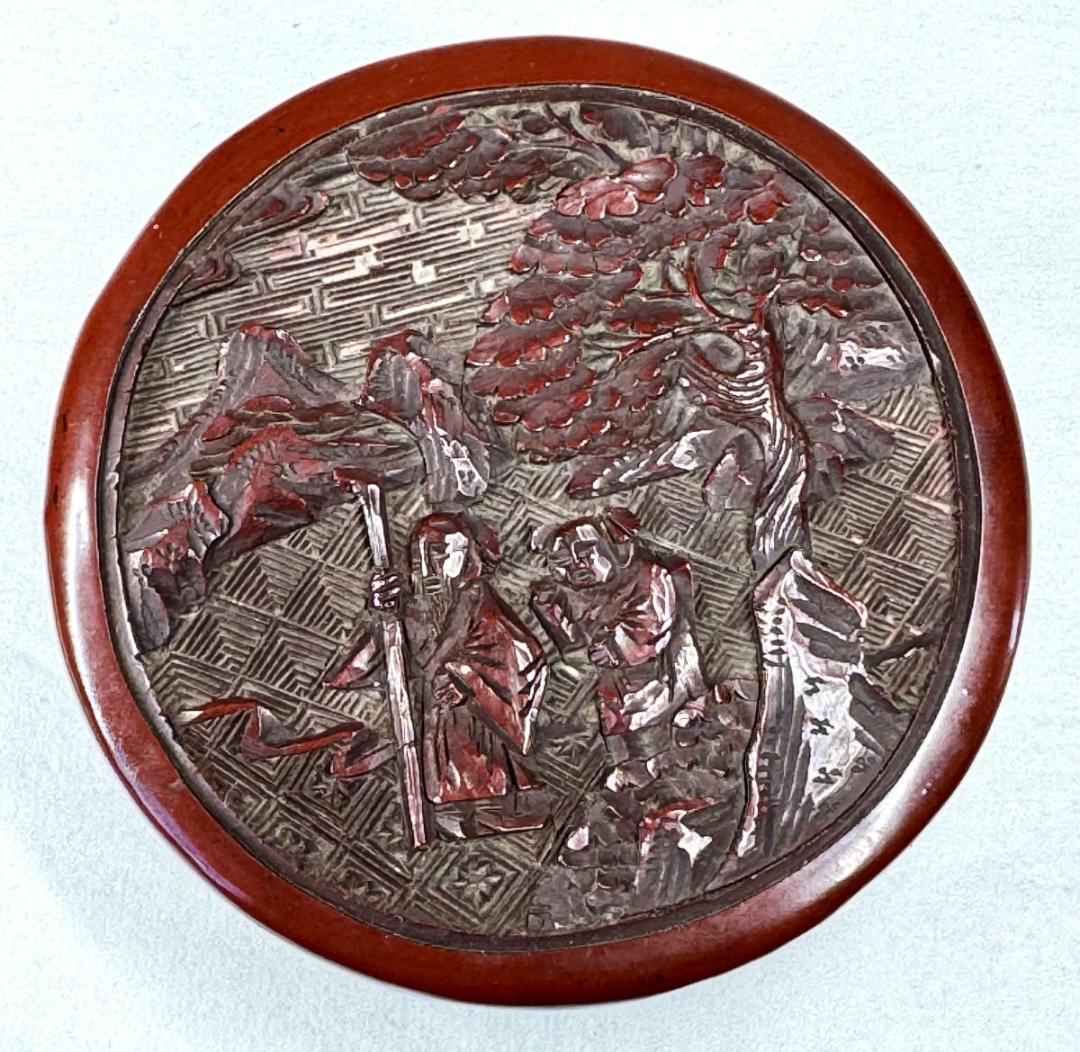 明時代 堆朱 木製剔紅彫松下高士紋蓋盒 共箱古代漆器 時代物 唐物WWWT086