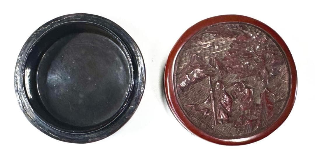 明時代 堆朱 木製剔紅彫松下高士紋蓋盒 共箱古代漆器 時代物 唐物WWWT086