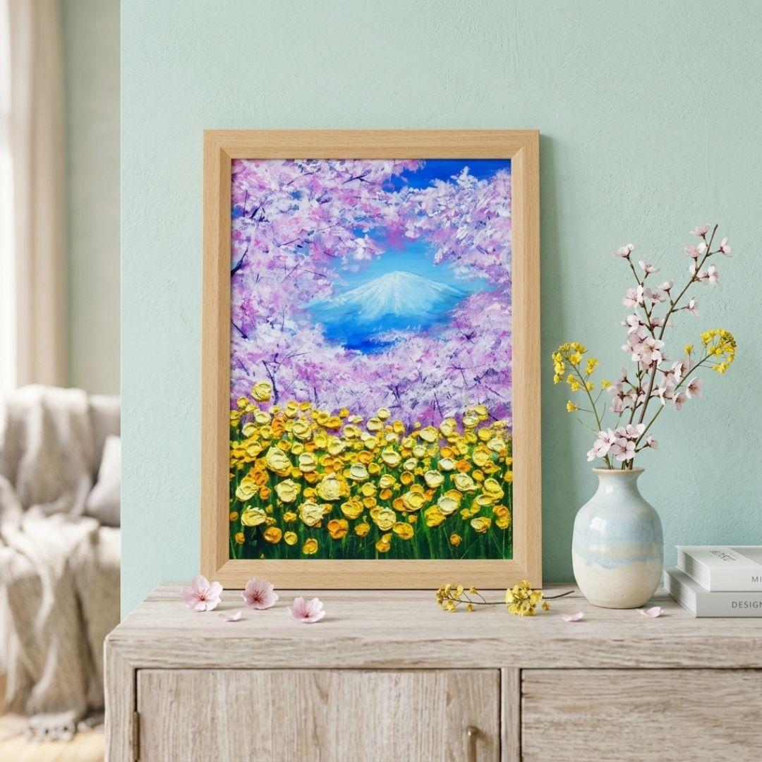 油絵 油彩 油彩画 絵 絵画 【桜と富士山と菜の花】
