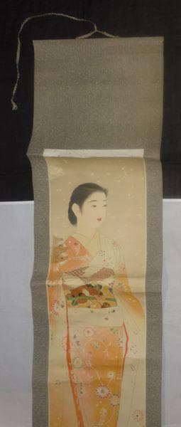 稀少 ヴィンテージ 山川秀峰 昭和風俗美人 『花』 美人画 着物 紙本 掛軸 ③