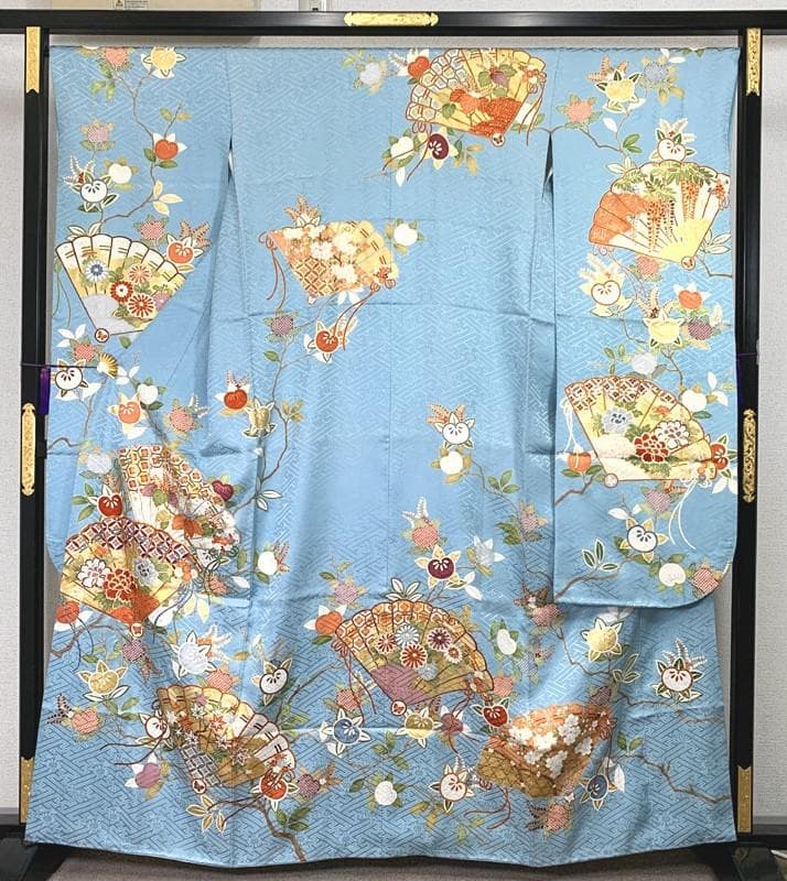 506z2〇百貨店取扱 古典柄 振袖 金彩 金駒刺繍 地紋 水色〇成人式 結婚式