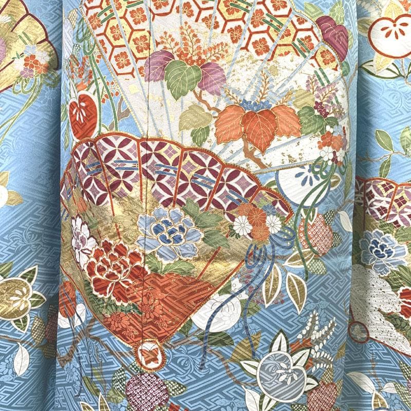 506z2〇百貨店取扱 古典柄 振袖 金彩 金駒刺繍 地紋 水色〇成人式 結婚式