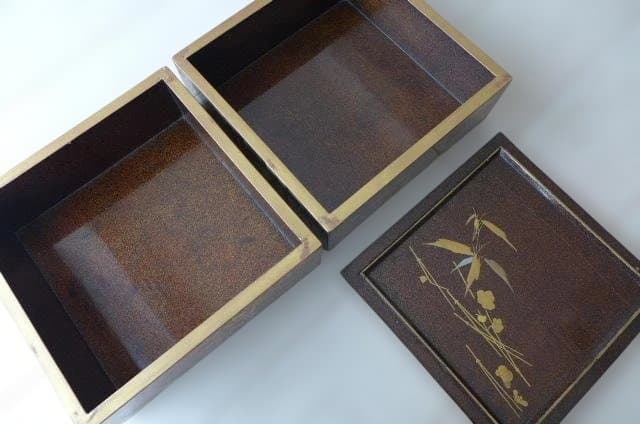 金箔装飾 竹模様 漆器 2段 重箱 木製漆器 時代物 螺鈿 松竹梅 高価な逸品