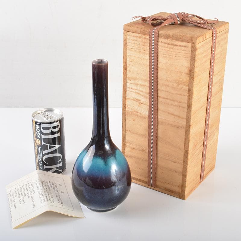 九谷焼　柳雨軒　三代八十吉　徳田正彦作　色釉　花生　共箱　V　R6330