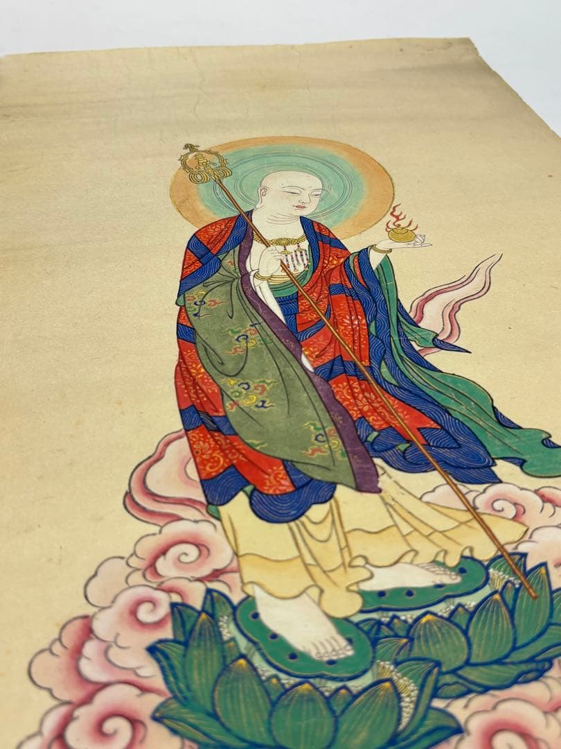 「極彩色木版画 地蔵菩薩像」江戸時代 木版図 1枚|仏教美術 仏像 和本