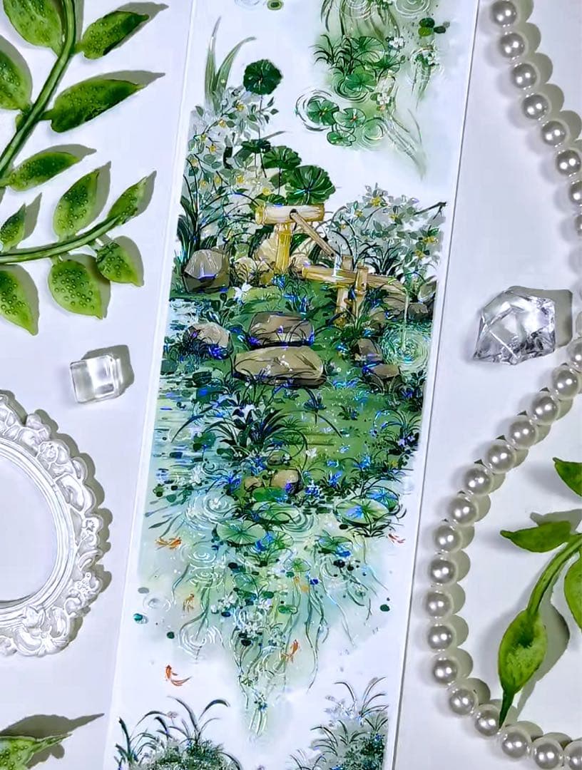 【9422】海外マステ　3/5/巻　貝殻光マスキングテープ　池　金魚　背景装飾系