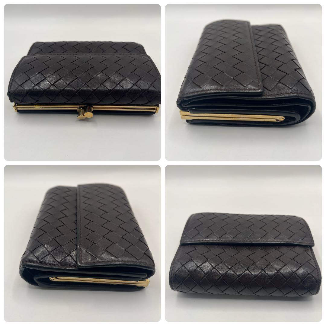 【鑑定済正規品】 ボッテガヴェネタ イントレチャート がま口 三折財布　ブラウン