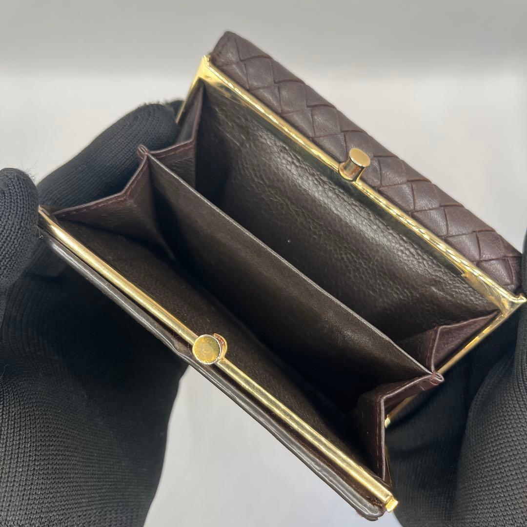 【鑑定済正規品】 ボッテガヴェネタ イントレチャート がま口 三折財布　ブラウン