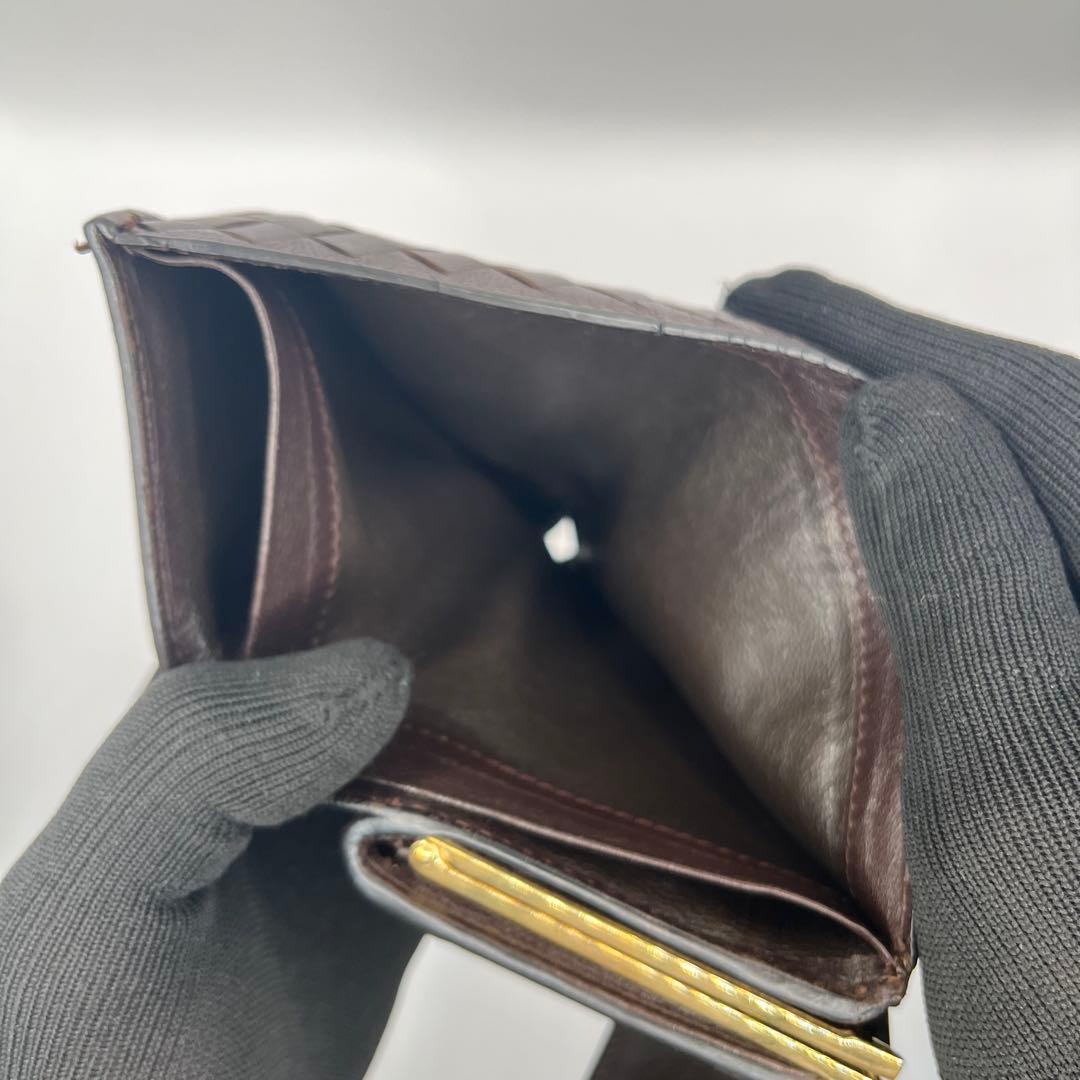 【鑑定済正規品】 ボッテガヴェネタ イントレチャート がま口 三折財布　ブラウン