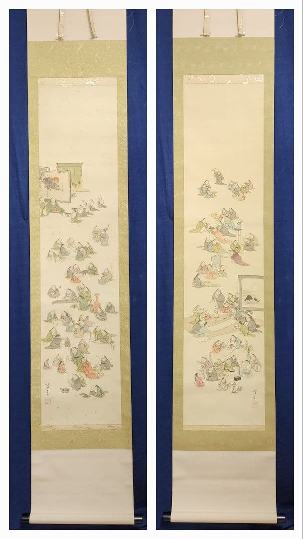 【お多福/百福年中行事図】土屋暁春 727 双幅 お福さん 正月 掛け軸　肉筆