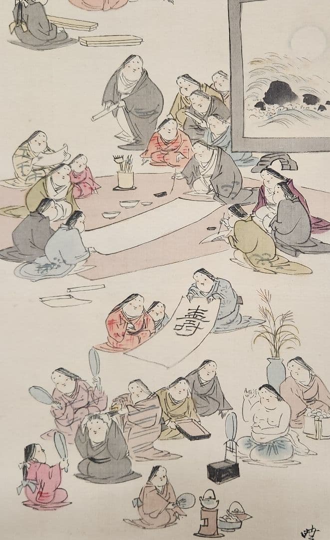 【お多福/百福年中行事図】土屋暁春 727 双幅 お福さん 正月 掛け軸　肉筆