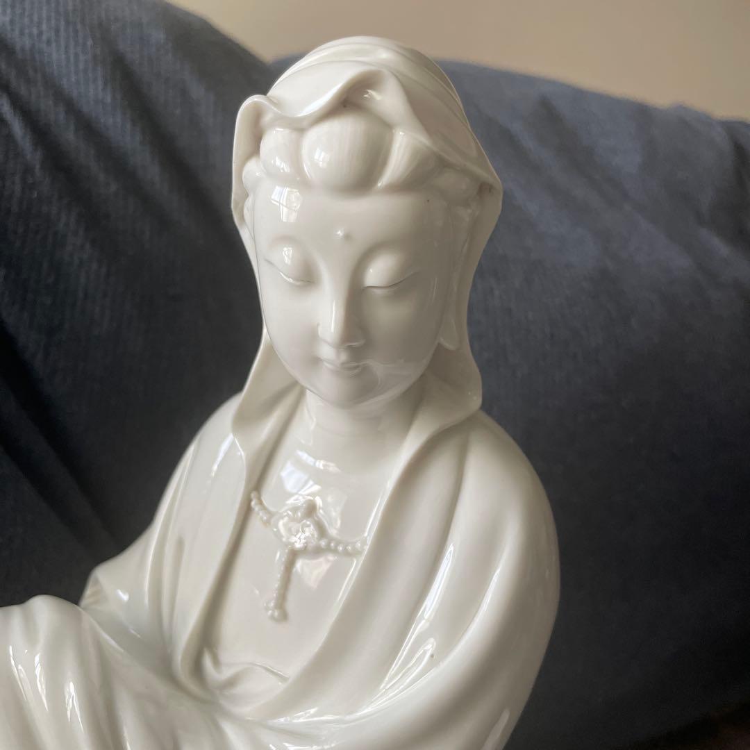 徳化窯白磁 細工彫り『白磁観音様』 仏教美術 高さ26cm ★時代物
