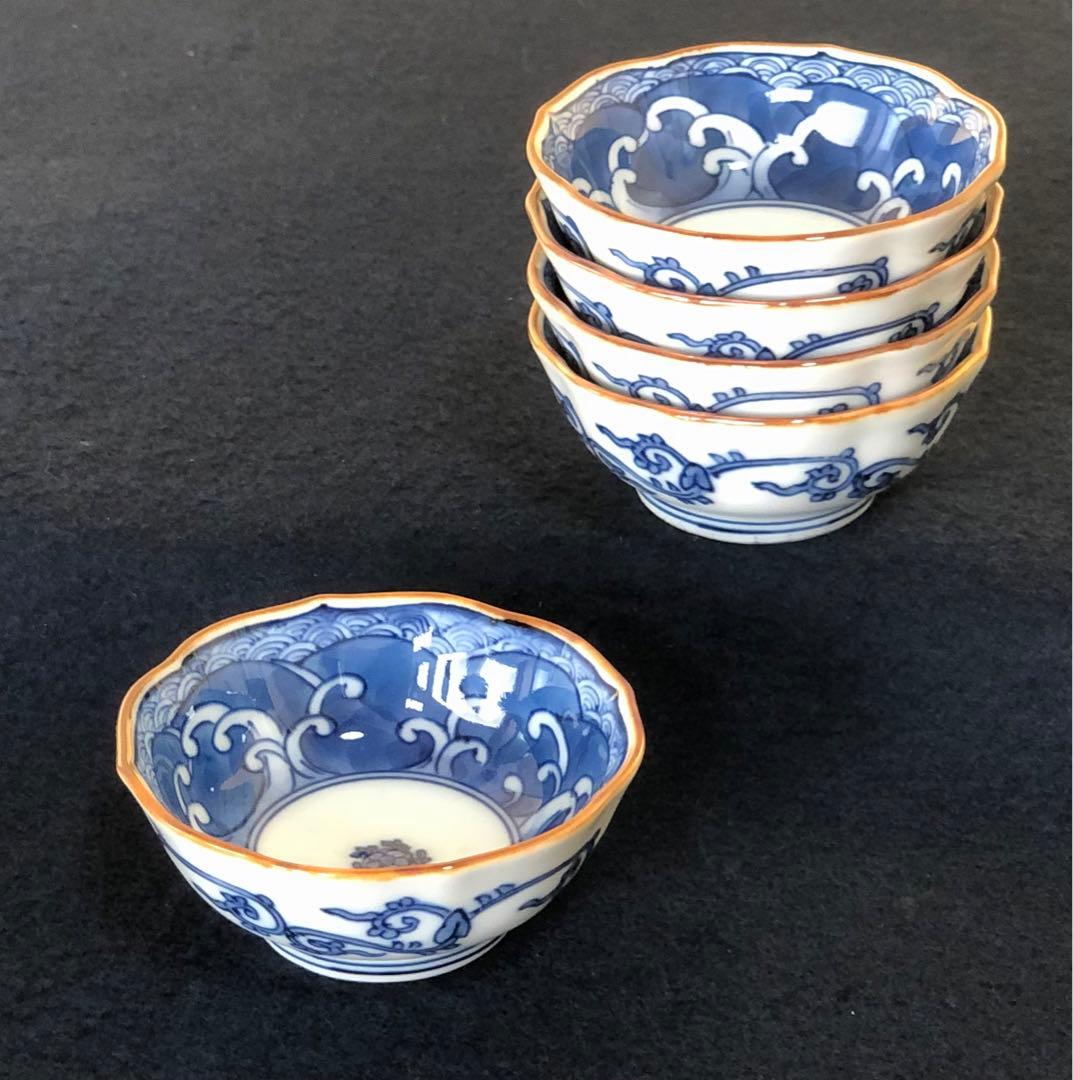 《レ》源右衛門作 染付四海波 輪花 猪口5客 酒器 共箱　251127お1