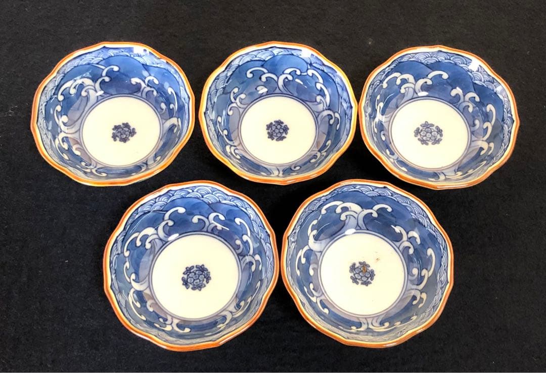 《レ》源右衛門作 染付四海波 輪花 猪口5客 酒器 共箱　251127お1