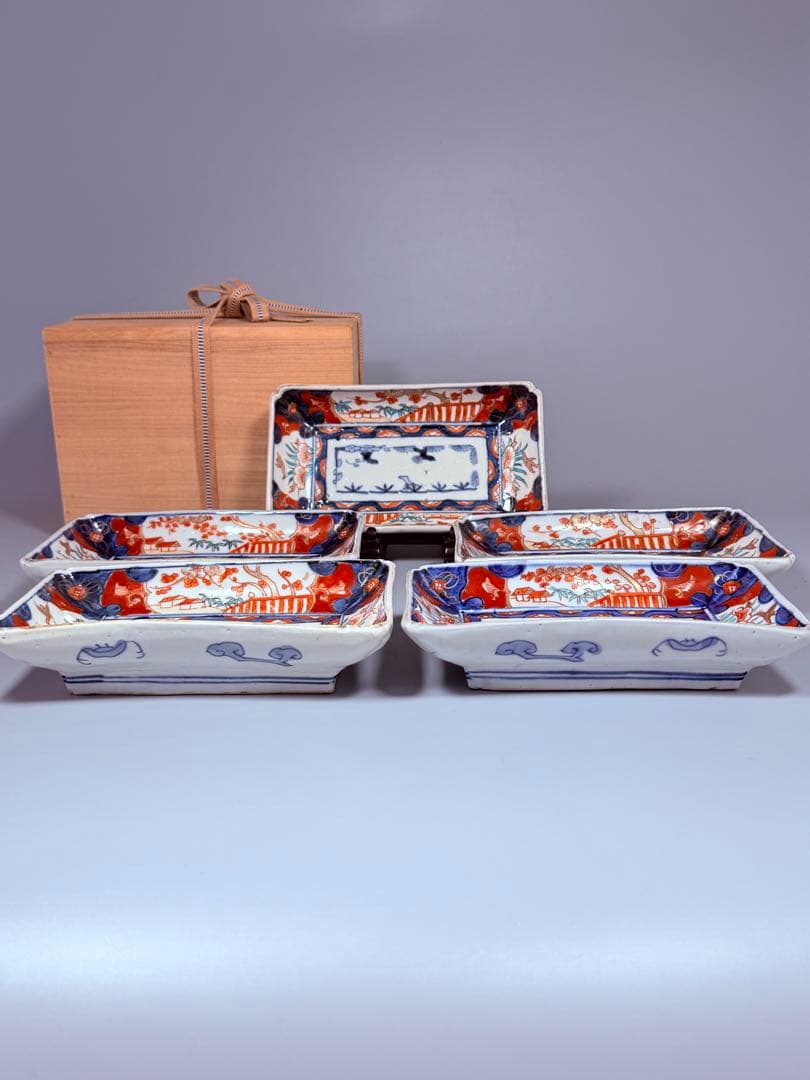 幕末～明治期　古伊万里　染錦手　松竹梅文様　長皿　特注高級桐箱付き　古器を楽しむ