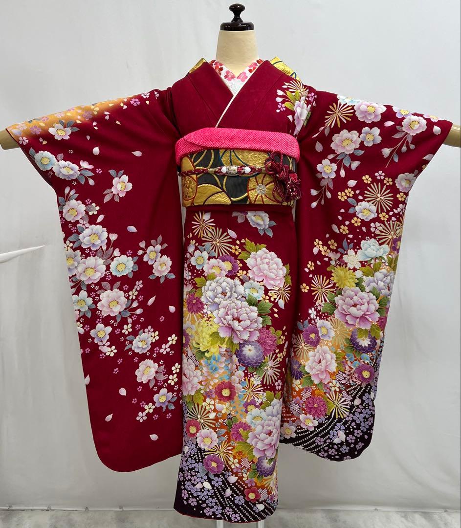 振り袖　フルセット　別誂長襦袢付　赤　成人式　金彩加工　刺繍入り　616